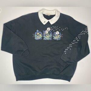 Vintage Morning Sun Collared Granny Sweatshirt with Dandelion Sleeve Print Lrg